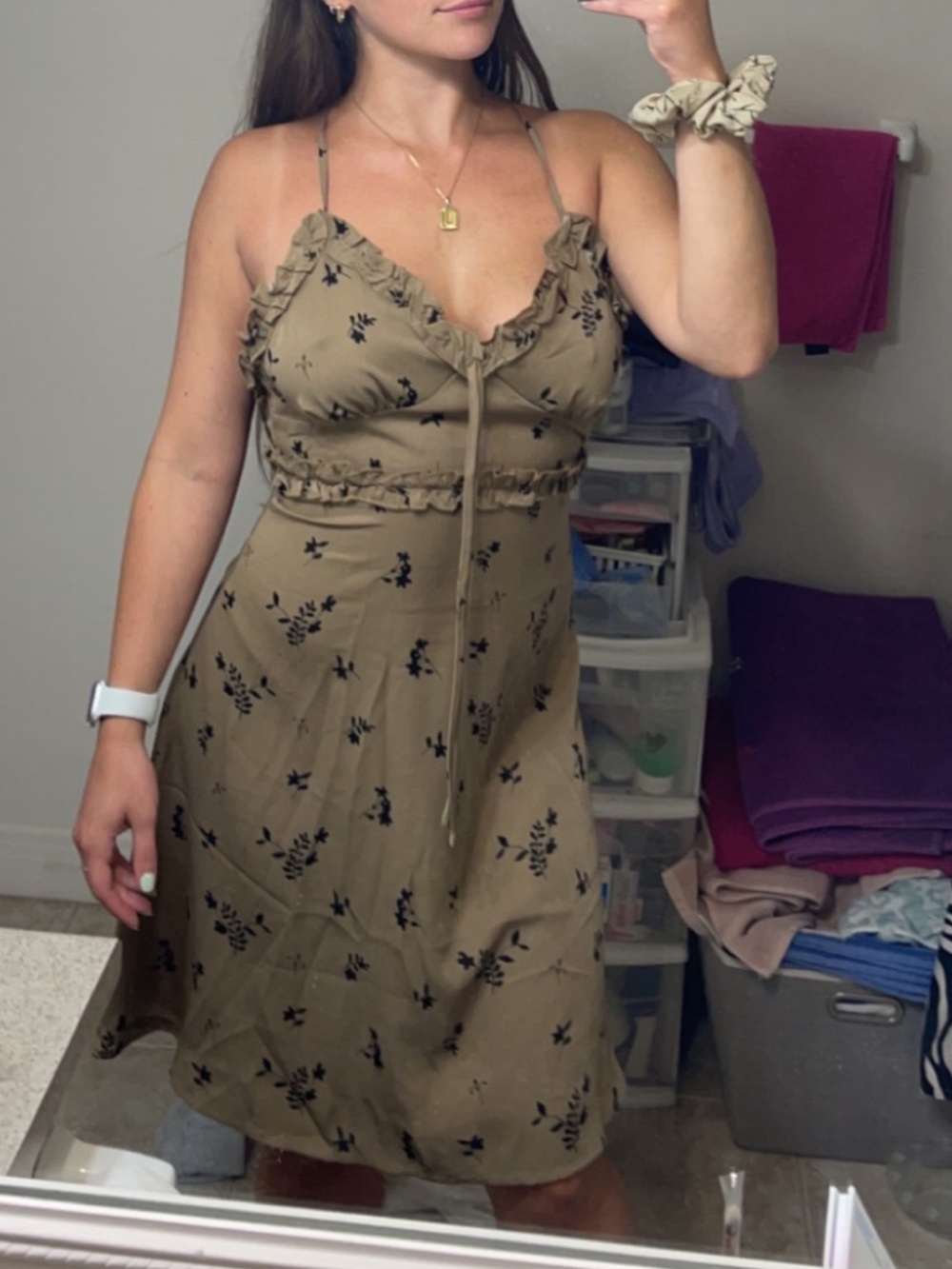 Brown Floral Ruffle Spaghetti Strap Midi Dress